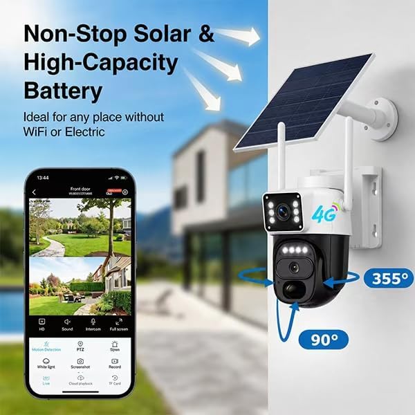 HAWKRAY 4G LTE Outdoor Solar-Powered Cellular Security Camera (Built-in SIM Card, Data Plan Required; No Wi-Fi), Dual Lens, 355° PTZ, Color Night Vision, PIR Motion Detection, Two-Way Audio