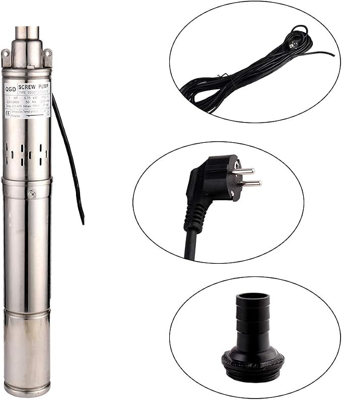 1HP 3" OD Pipe Stainless Steel Submersible Deep Well Pump 328FT 1" Outlet 0.75KW 80mm Bore Screw Water Pumps for Industrial and Home Garden Use,220V/50Hz