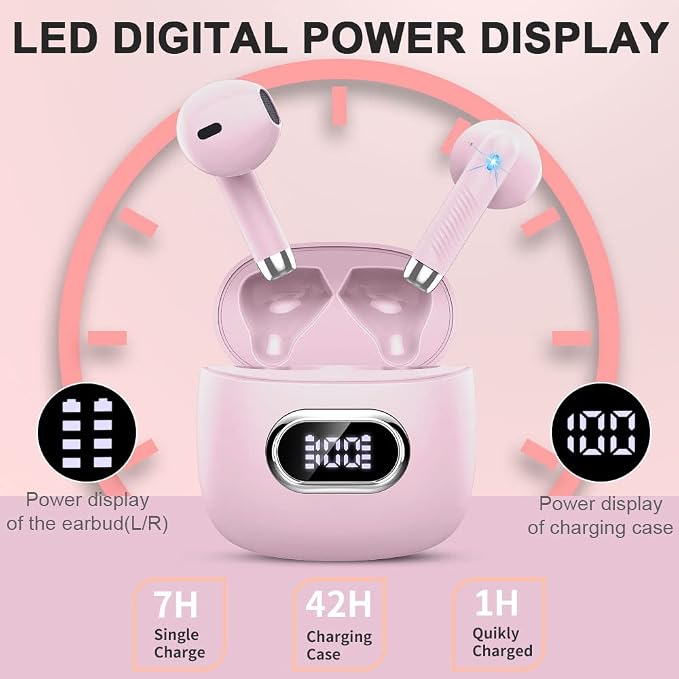 Wireless Earbuds, Bluetooth Headphones, Stereo Bass Ear Buds with ENC Noise Cancelling Mics,42H Bluetooth Earbuds with LED Display Charging Case, IP7 Waterproof Earphones for Android iOS/Light pink