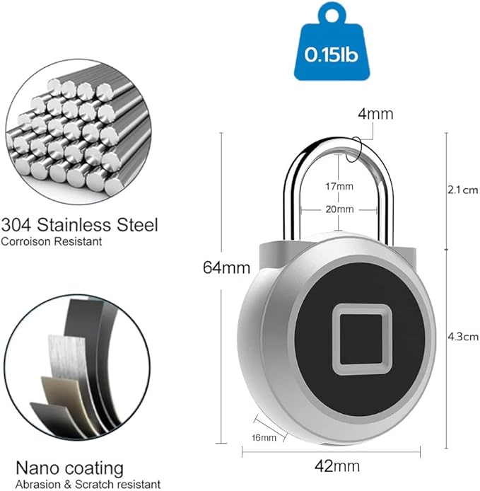 eLinkSmart Gym Locker Padlock with Fingerprint Remote Authorized Unlock Record - Waterproof Security Keyless Smart Lock for School Gym Locker Backpack Gun Case Field Box Silver Support iOS Watch