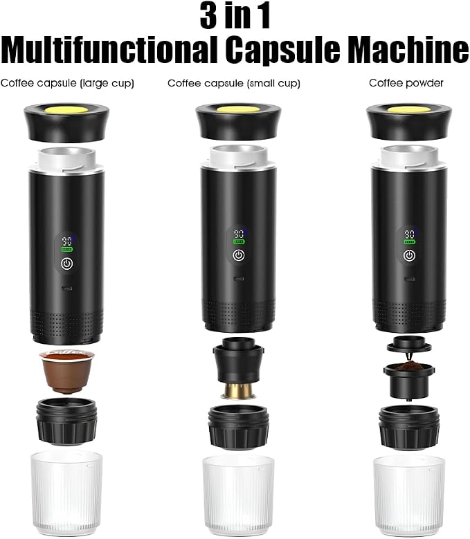 Portable Espresso Maker and Metal Stand Set, Self-Heating Travel Coffee Machine, Rechargeable Coffee Maker with Digital Display, 3-in-1 for Ground Coffee & Capsules, Camping RV Office