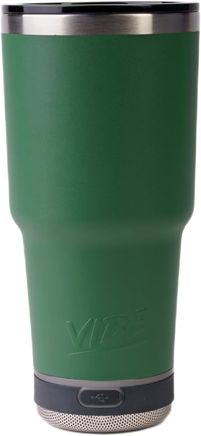 Vibe 28 oz Tumbler with Bluetooth Speaker, Insulated Stainless Steel Travel Cup with Lid, Hot & Cold Drink Beverage Container, Removable Speaker with Microphone, Rubber Base, Dark Green