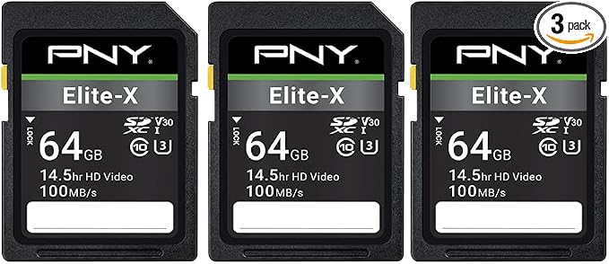 PNY 64GB Elite-X Class 10 U3 V30 SDXC Flash Memory Card - 100MB/s, Class 10, U3, V30, 4K UHD, Full HD, UHS-I, Full Size (Pack of 3)