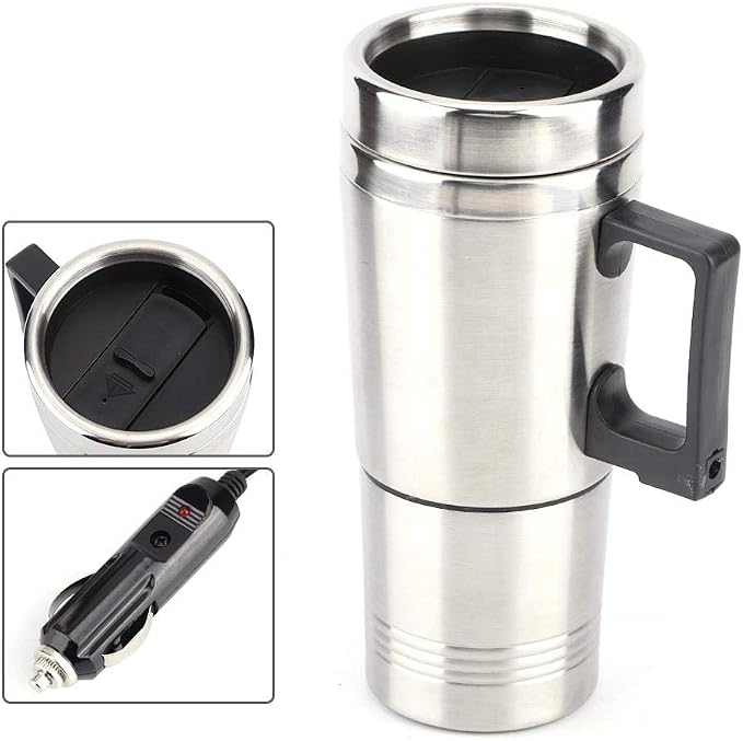 Qiilu Car Electric Kettle, 12V 350ml+150ml Stainless Steel Portable Car Electric Heating Mug Drinking Cup Travel Kettle Water Boiler for Water Tea Coffee Milk