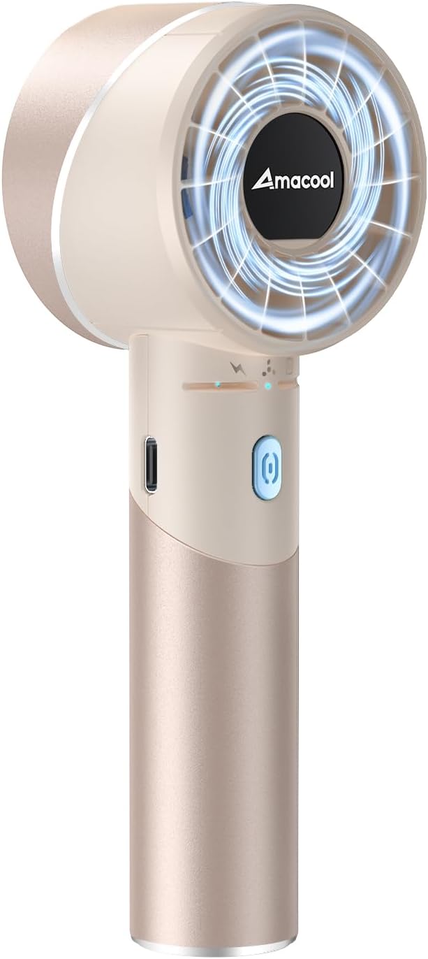 AMACOOL Portable Handheld Turbo Fan, 4 Speeds Wind with Cool Metal Body, 17Hrs Runtime Rechargeable Battery Personal Fan, Mini Pocket Fans for Girl Woman Man Travel Makeup Camping Outdoor-Beige