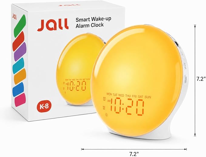 JALL Full-Screen Wake Up Light Sunrise Alarm Clocks for Bedrooms, White Noise Machine for Heavy Sleepers, 25 Natural Sounds, Dual Alarms, FM Radio, 17 Dimmable Colors, Bluetooth Speaker