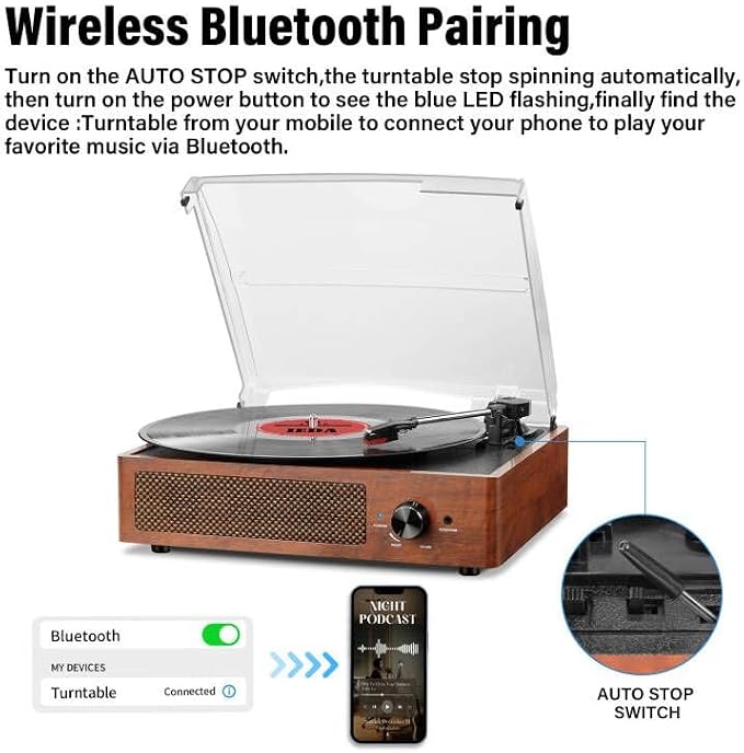 Vinyl Record Player Turntable with Built-in Bluetooth Receiver & 2 Stereo Speakers, 3 Speed 3 Size Portable Retro Record Player for Entertainment and Home Decoration