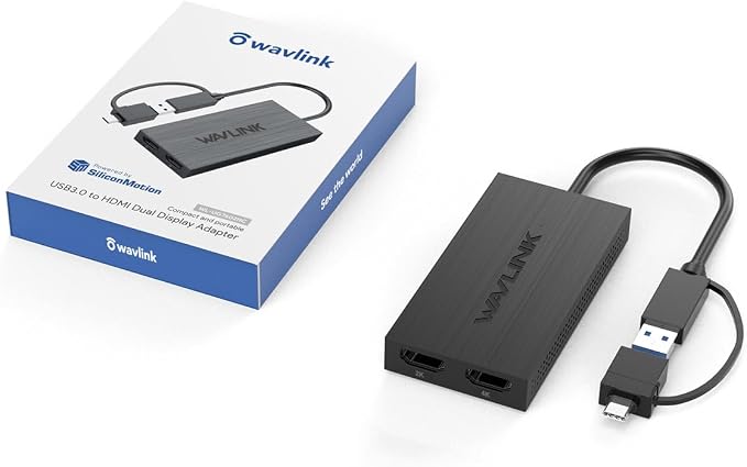 WAVLINK USB 3.0 or USB C to Dual HDMI Adapter, HDMI Splitter Extended Display for Dual Monitors, Support 3 Separate Screens for Windows, MacOS, Thunderbolt 3/4, 1080P@60Hz