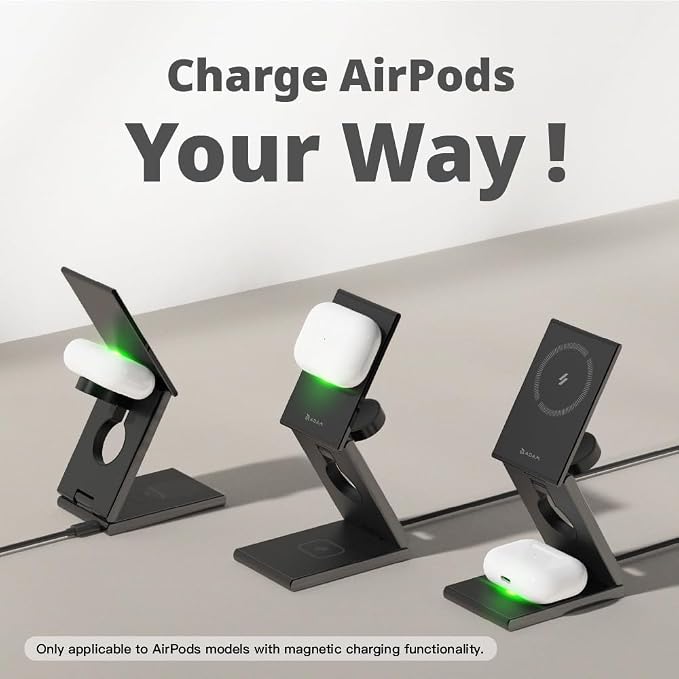 ADAM elements Mag Z 3-in-1 Foldable Travel Charging Station, Magnetic Wireless Charger for iPhone 17-12, Apple Watch, AirPods & Samsung Galaxy Watch, Compact Stand for Desk & Travel (Titanium)