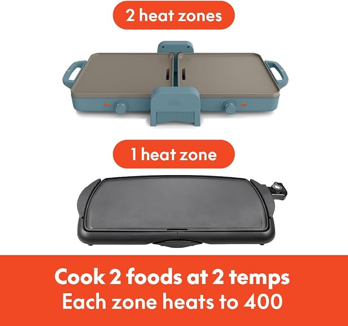 bella 10"x 20" Ceramic Fold-n-Store Dual Temp Griddle, Fits-anywhere™ Kitchenware, EverGood™ Ceramic Nonstick Coating, 2 Temperature Zones up to 400°F, Dishwasher Safe Drip Tray, 1500 Watt, Surf