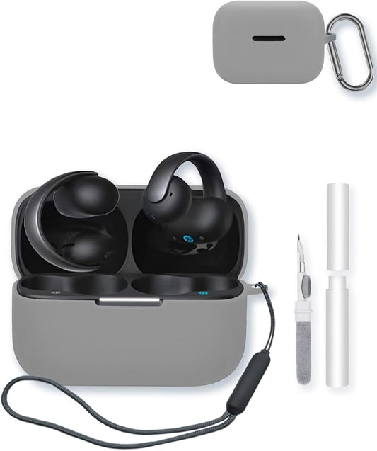 Case for Anker Soundcore AeroClip Open-Ear Clip-On Earbuds,Soft Protective,BOVUGAC Silicone Case Cover with Keychain & Cleaning Kit & Lanyard for Anker Soundcore AeroClip Earbuds-Grey