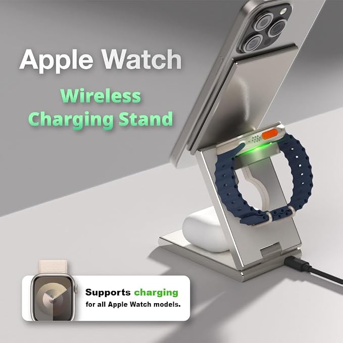 ADAM elements Mag Z 3-in-1 Foldable Travel Charging Station, Magnetic Wireless Charger for iPhone 17-12, Apple Watch, AirPods & Samsung Galaxy Watch, Compact Stand for Desk & Travel (Titanium)