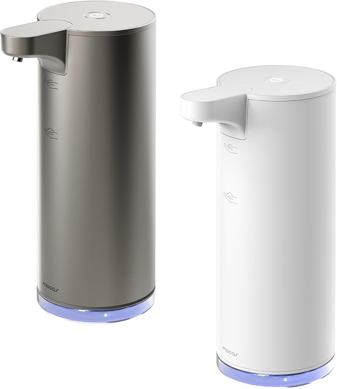 mooas Automatic Foaming Hand Soap Dispenser 2 Set (White & Metal) Stainless Steel Rechargeable 2 Level Adjustable Touchless Soap Dispensers for Kitchen, Bathroom, Commercial 9.4oz Each