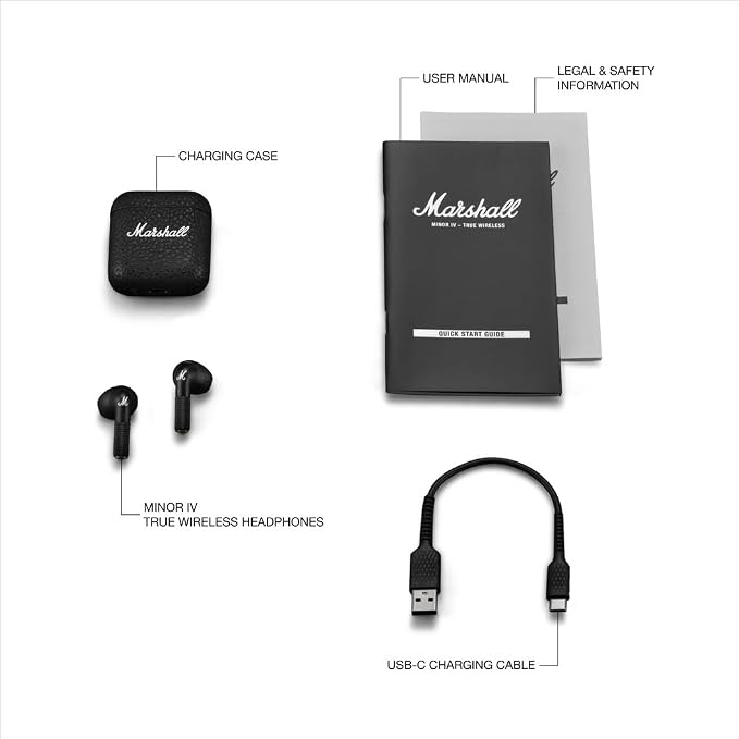 Marshall Minor IV True Wireless Bluetooth Earbuds - 30+ Hr Playtime with Charging Case | Microphone for Calls | IPX4 Water-Resistant Design - Black