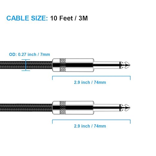 New Bee Guitar Cable 10 ft Electric Instrument Cable Bass AMP Cord 1/4 Straight to Straight for Electric Guitar, Bass Guitar, Electric Mandolin, Pro Audio, Black