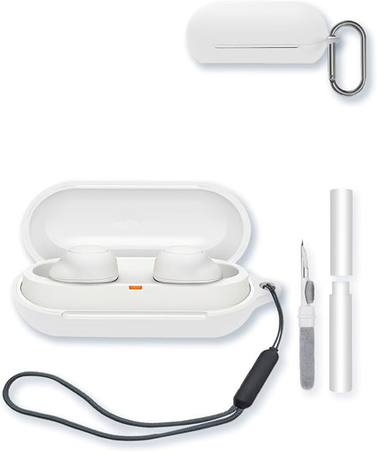 Case for Sony WF-C500 Truly Wireless Noise Canceling Earbud Headphones,Soft Protective,BOVUGAC Silicone Case Cover with Keychain & Cleaning Kit & Lanyard for WF-C500 Earbuds-White