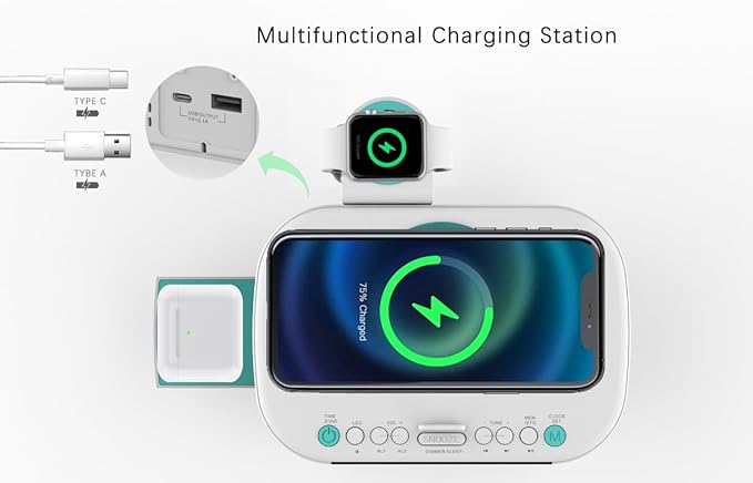 Emerson CKSW5010 Smartset Wireless Charging, Dual Alarm FM Clock, Bluetooth Radio/Speaker, 15W for Ultra-Fast Charging, 3W Retractable Port for Air Pods, White