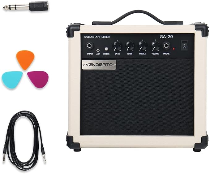 Electric Guitar Amplifier 20w amp Cream White Color gain bass Treble 3.5mm aux in Drive 6.5mm Guitar Input Headphone Portable for Beginner Starter Practice Travel amp noiseless Cable Pick and Adapter
