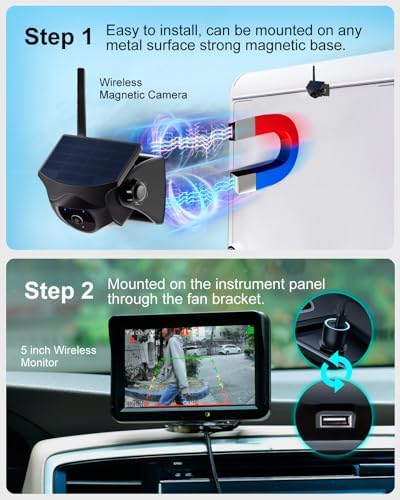 Magnetic Solar Wireless Backup Camera and Metal Plate: AI Pedestrian & Vehicle Detection, 1-Min Install, No Wiring/Drilling, Gesture Control,Rechargeable Battery, Night Vision