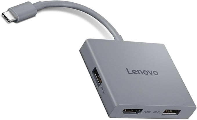 Lenovo USB-C 4 in 1 Travel Hub Block with Integrated Cable, 1x HDMI 4K @ 60Hz, 2X USB-A 3.2, 1x 3.5mm Combo, Luna Grey – Portable, Compact, High-Speed Connectivity Laptops PC Gaming Console Charging