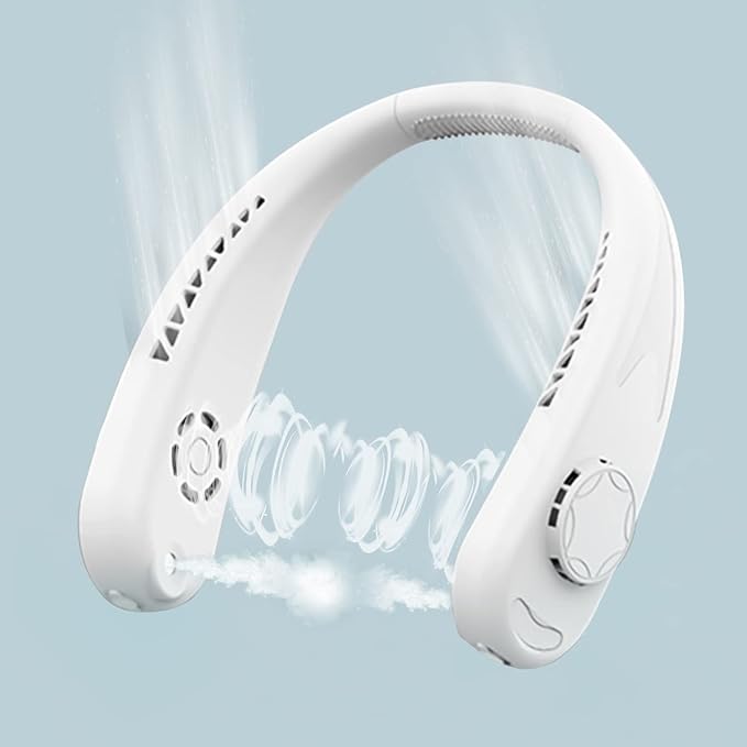 Misting Neck Fan Portable Rechargeable, Around the Neck Personal Fan for Women Men Face Blow Cold Air, Mini Bladeless Neck Cooling Fan Water Spray Travel Neck Cooler 3 Speeds - White