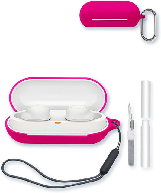 Case for Sony WF-C500 Truly Wireless Noise Canceling Earbud Headphones,Soft Protective,BOVUGAC Silicone Case Cover with Keychain & Cleaning Kit & Lanyard for WF-C500 Earbuds-Pink