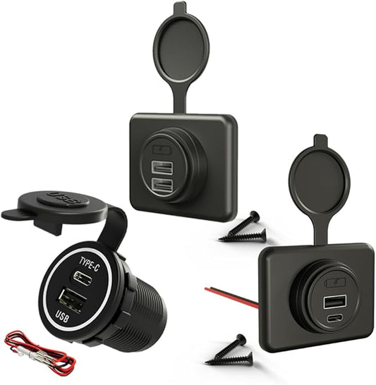 12V USB Outlet, Dual Port Panel Charger, and Type-C Fast Charger Bundle for Car, RV, Boat