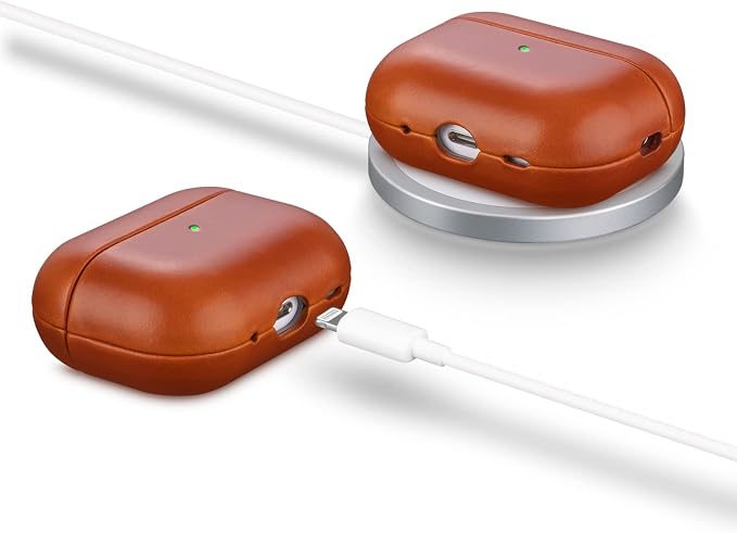 Maogoam for AirPods Pro 2 Leather Case Cover with Button, Genuine Crystal Vegetable Tanned Oil Wax Leather Case for AirPods Pro 2nd Generation, Elegant Style, Front LED Visible, Orange