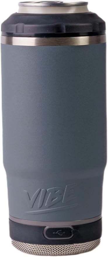 Vibe 4 In 1 Bluetooth Speaker Cup, Insulated Can and Bottle Holder for Hot or Cold Drinks, Double Wall Stainless Steel Drinkware, Fits 12 oz Cans or 14 oz Liquid, Gray