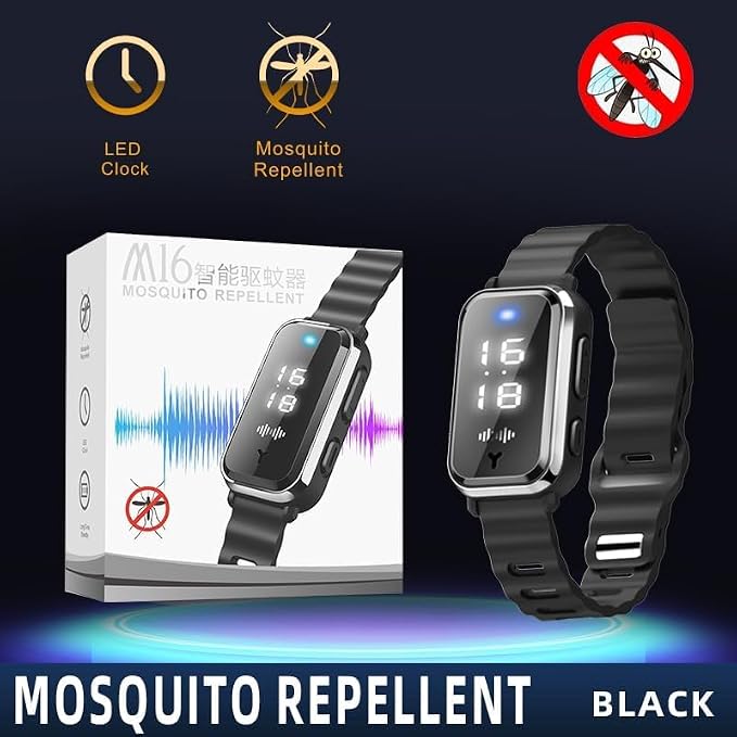 Ultrasonic Mosquito Repellent Bracelets Watch Adjustable Silicone Wristbands Outdoor Bracelets for Kids & Adults Non-Toxic Natural (1Pack M16 Black Watch)