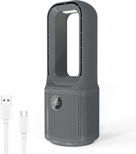 Desk Fan Bladeless, 14 Inch USB Rechargeable Tower Fan with 9 Speed Adjustable, 3 Light, 60° Oscillating, 9H Timer, 5000mAh Battery Cooling Small Table Fan for Bedroom, Office, Nightstand, Grey