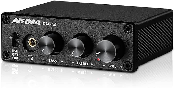 AIYIMA DAC-A2 Headphone Amplifier DAC with Bass Treble Controls PC-USB/Optical/Coaxial Inputs, RCA/3.5mm Headphone Ouput Digital to Analog Desktop Audio Converter DC 5V 24Bit 192kHz