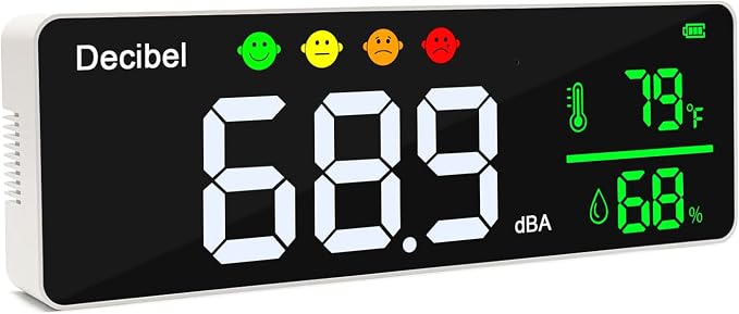 Decibel Meter Wall Hanging Sound Level Meter 11 inch Large LED Display Noise Temperature Humidity Meter with Alarm Icons Indicator Wide Applications for Classroom, Studio, Home, Factory