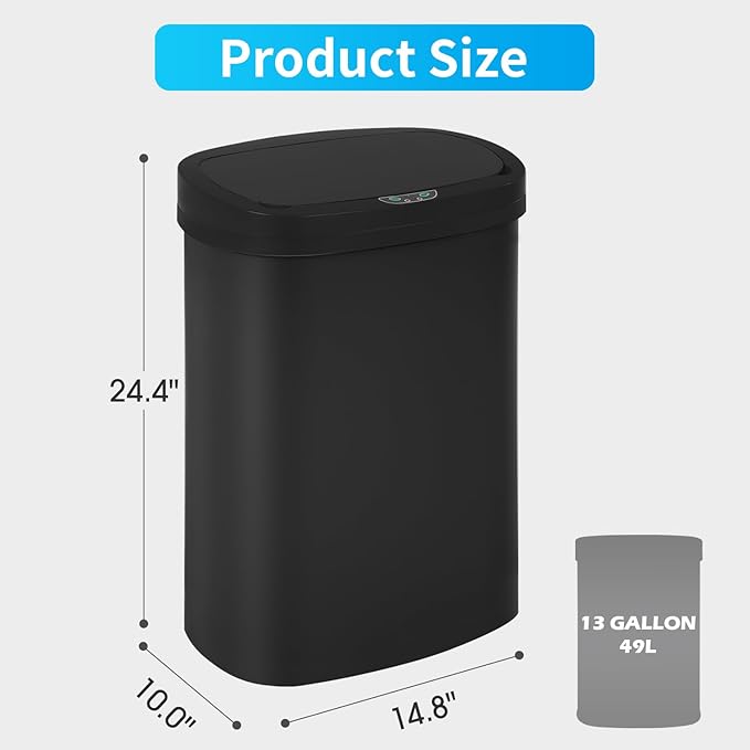 BestOffice Black Plastic Touch Free High-Capacity Garbage Can with Lid, 49L/13G, Rectangular, Quiet Close, Kitchen, Bedroom, Bathroom, Office