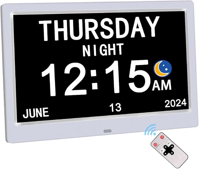 AINFTIME DST Digital Clock with Date and Day of Week for Elderly-12 Alarms Medication Reminder Dementia Alzheimers Clock Calendar with Extra Large Display (10.1 inch White)