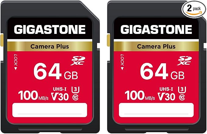 GIGASTONE 64GB SD Card 2-Pack, Camera Plus, UHS-I U3 Class 10 SDXC Memory Card Full HD Video for Digital Camera, with 2 mini Cases