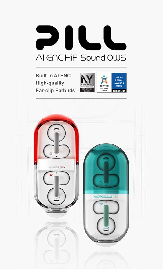 Moondrop Pill Open Ear Headphones Bluetooth 6.0 OWS Hanging Earphones IPX4 Open Ear Clip Wireless Earbuds Built-in AI ENC MD-0WS-003 (RED)