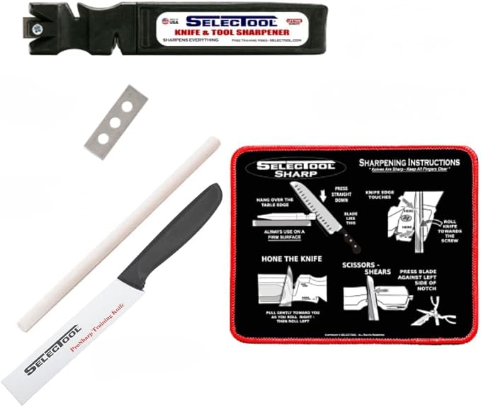 SELECTOOL 5-in-1 Knife Sharpening System - Knife Maintenance Kit with Knife Sharpener Tool, Honing Rod, Training Knife, Replacement Blade & Mat for Kitchen Knives, Scissors & Outdoor Tools