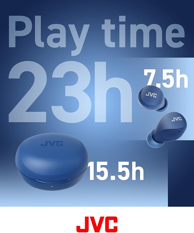 JVC Compact and Lightweight Gumy Mini True Wireless Earbuds Headphones, Long Battery Life (up to 23 Hours), Sound with Neodymium Magnet Driver, Water Resistance (IPX4) - HAA6TA (Blue)