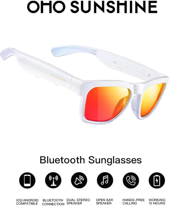 OhO sunshine Bluetooth Audio Sunglasses, Lightweight Open Ear Sport Glasses, 10H Playtime,Water Resistant with Voice Control