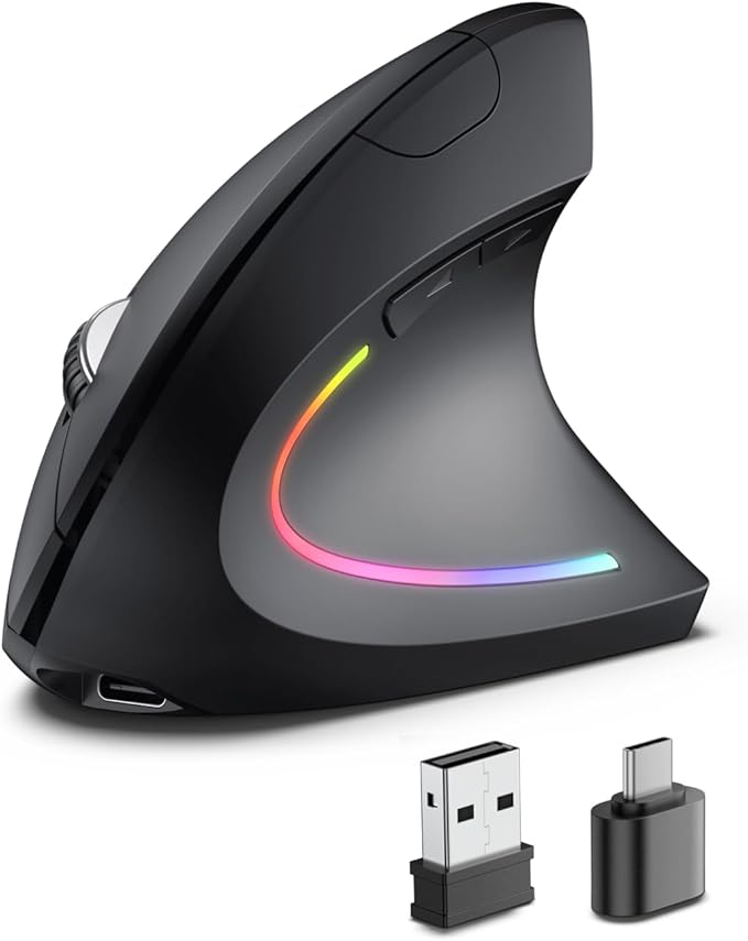 POJTK Wireless Rechargeable Ergonomic Mouse, Bluetooth+USB A+Type C(3 in 1) Connection, Up to 4800 DPI, 6 Silent Buttons, 2.4GHz Carpal Tunnel Vertical Mice, for Desktop,Laptop,MacBook-Black-Upgraded