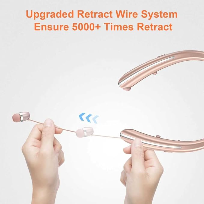 Bluetooth 5.0 Neckband Bluetooth Headphone, Sweat Resistant Noise Cancelling Stereo Headphones, and Retractable Ear Tips for Music, Conference, Videos (Rose Gold)