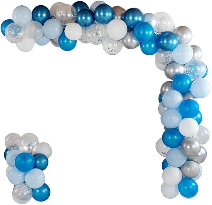 Restaurantware-Balloonify Balloon Garland Set, 1 Party Decoration Kit - 100 Balloons, With Chain, Blue, Silver, & White Latex Balloon Arch Kit, Includes Glue Dots, Ribbon & Knot