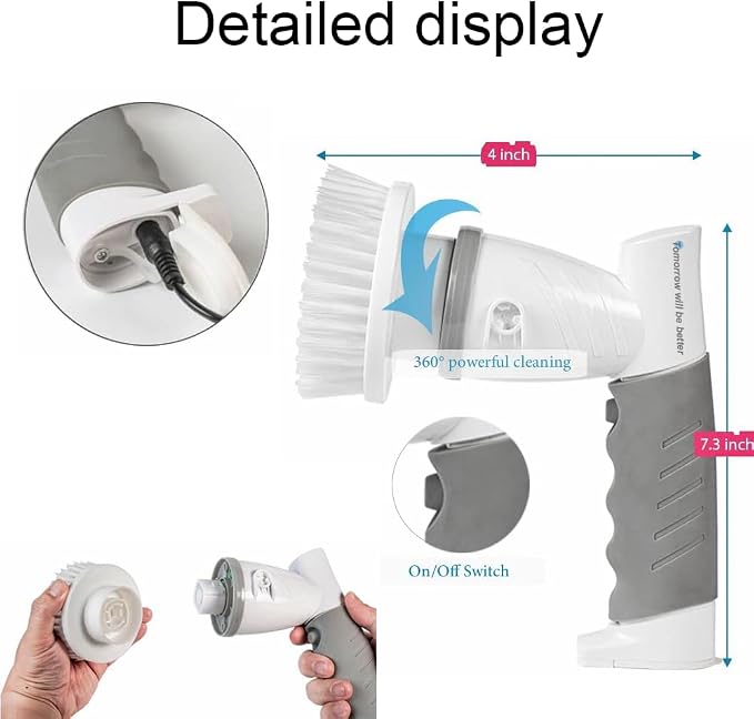 Electric Spin Scrubber Power Spin Brush for Cleaning,Rechargeable Cleaning Brush for Bathroom/Tub/Tile/Floor/Sink/Window Cordless Shower Scrubber with 4 Replaceable Cleaning Brush Heads, Classic Grey