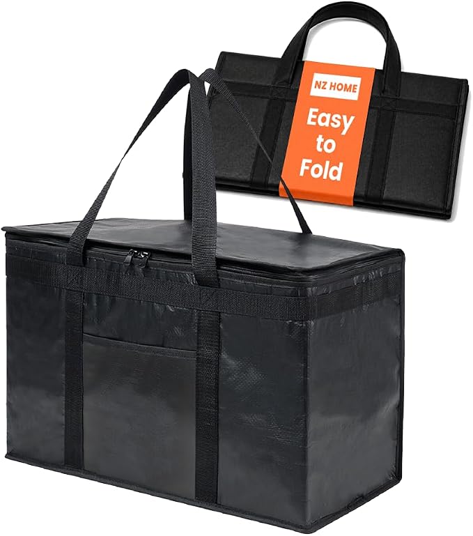NZ home Insulated Bags for Food Delivery (2XL PRO) Grocery Shopping Cooler Bag, Pizza Delivery, Hot & Cold Catering Tote, Reusable, Foldable & Heavy Duty (Black)