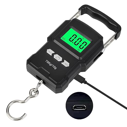 Bonano Fishing Scale with Built-in Lithium Battery and Tape Measure, Micro-USB Interface, Backlit LCD Display 165lb/75kg Hanging Scale Digital Weight. Men's Fishing Gift and Luggage Scale for Travel.