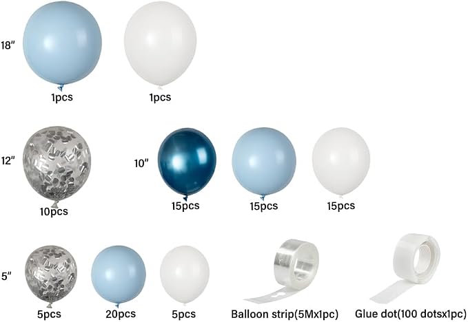 Restaurantware-Balloonify Balloon Garland Set, 1 Party Decoration Kit - 102 Balloons, With Chain, Metallic Blue, White, & Silver Latex Balloon Arch Kit, Includes Glue Dots