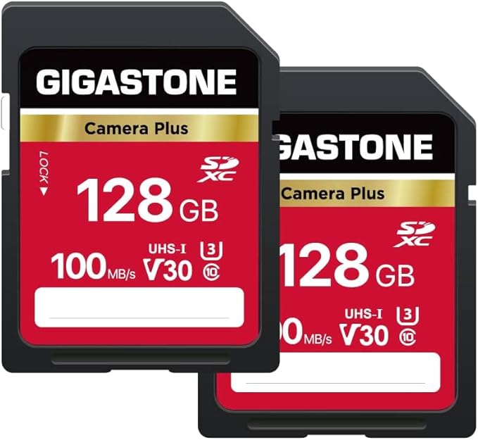 GIGASTONE 128GB SD Card 2-Pack, Camera Plus, UHS-I U3 Class 10 SDXC Memory Card Full HD Video for Digital Camera, Full-Sized SD Card, with 2 mini Cases