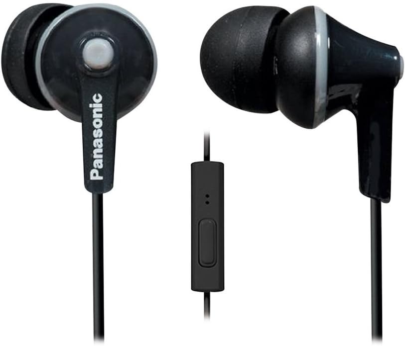 Panasonic ErgoFit Wired Earbuds With Microphone, 3.5mm Jack Wired Headphones with Mic and Call Controller, Ergonomic Custom-Fit Earpieces (S/M/L), for Phones and Laptops - RP-TCM125-K (Black)
