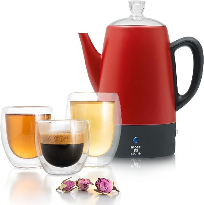 Moss & Stone Electric Coffee Percolator, Red Body with Stainless Steel Lid Coffee Maker, Percolator Electric Pot, Red Camping Coffee Pot 10 Cups Bundle With Set of 3 Double Wall Glass Cup Clear Mug, D
